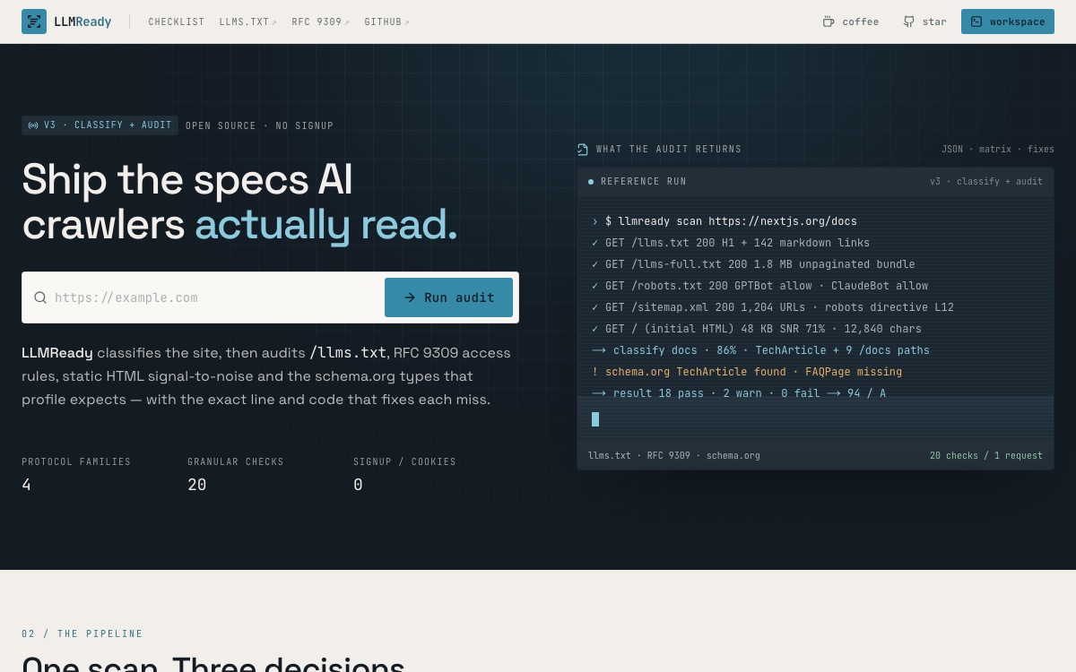 The LLM SEO Toolbox homepage, with a URL field beside a sample audit of nextjs.org/docs